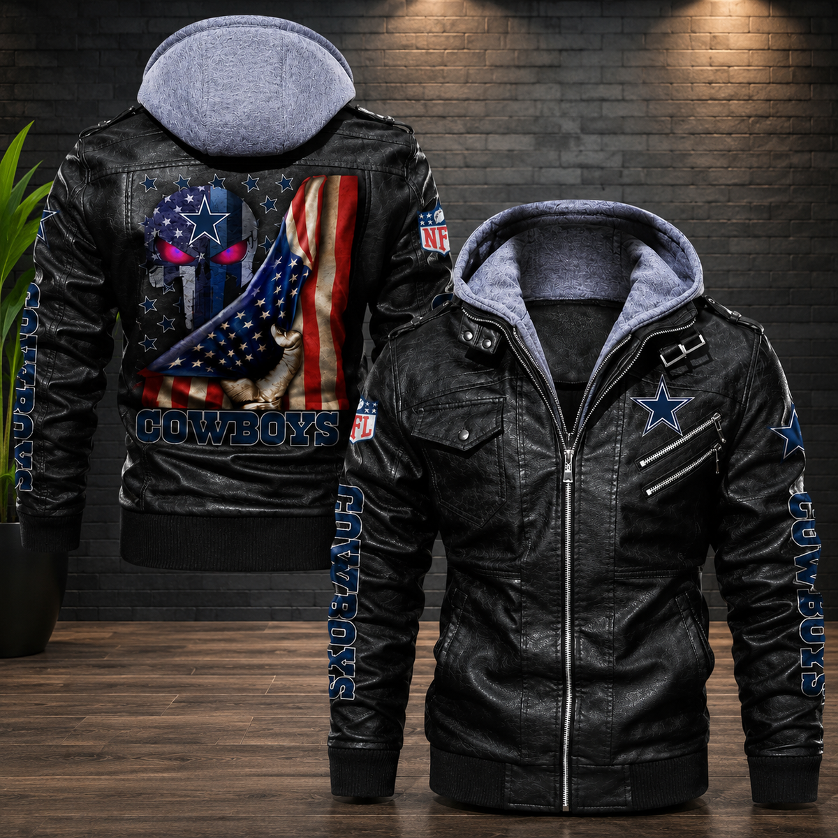Dallas Cowboys Hooded Faux Leather Jacket Black Full Zip NFL Football Biker Motorcycle Coat**