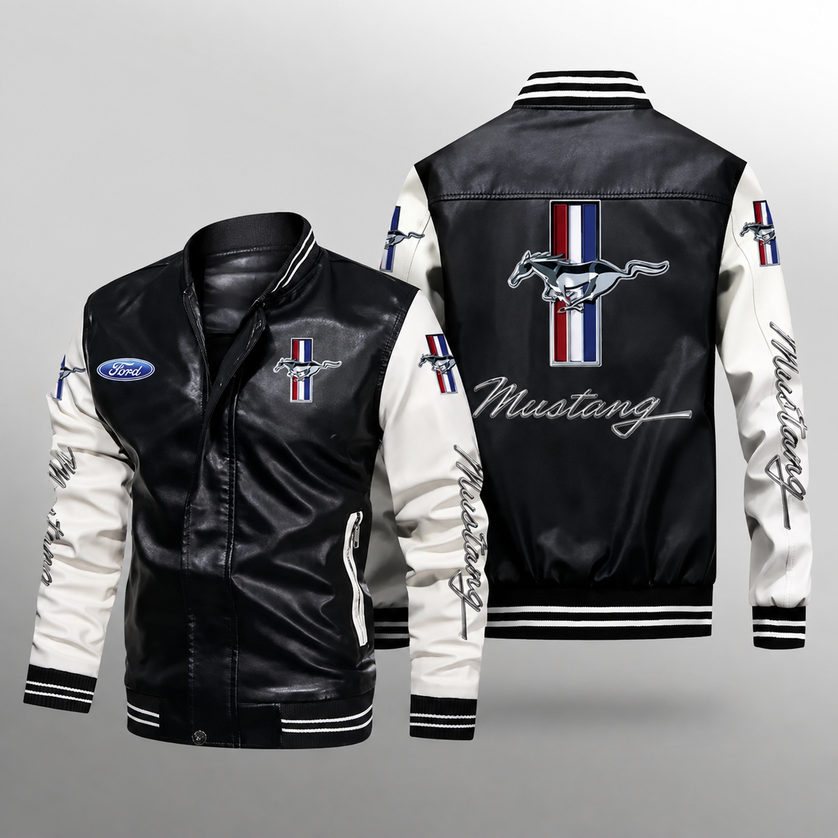 **Title:** Ford Mustang Racing Leather Varsity Jacket Black & White – Classic Car Jacket for Men