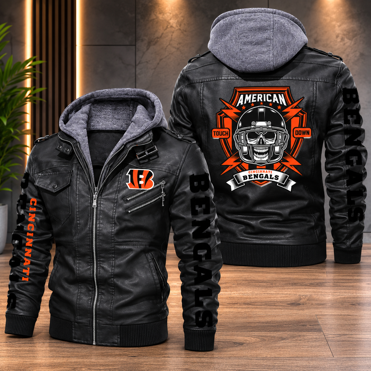 **Men’s Cincinnati Bengals Leather Jacket with Hood – Black Motorcycle Style Football Fan Jacket**