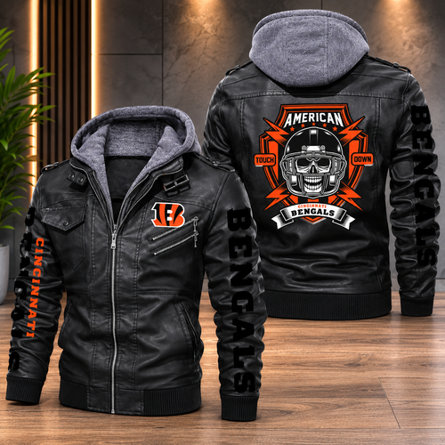 **Men’s Cincinnati Bengals Leather Jacket with Hood – Black Motorcycle Style Football Fan Jacket**