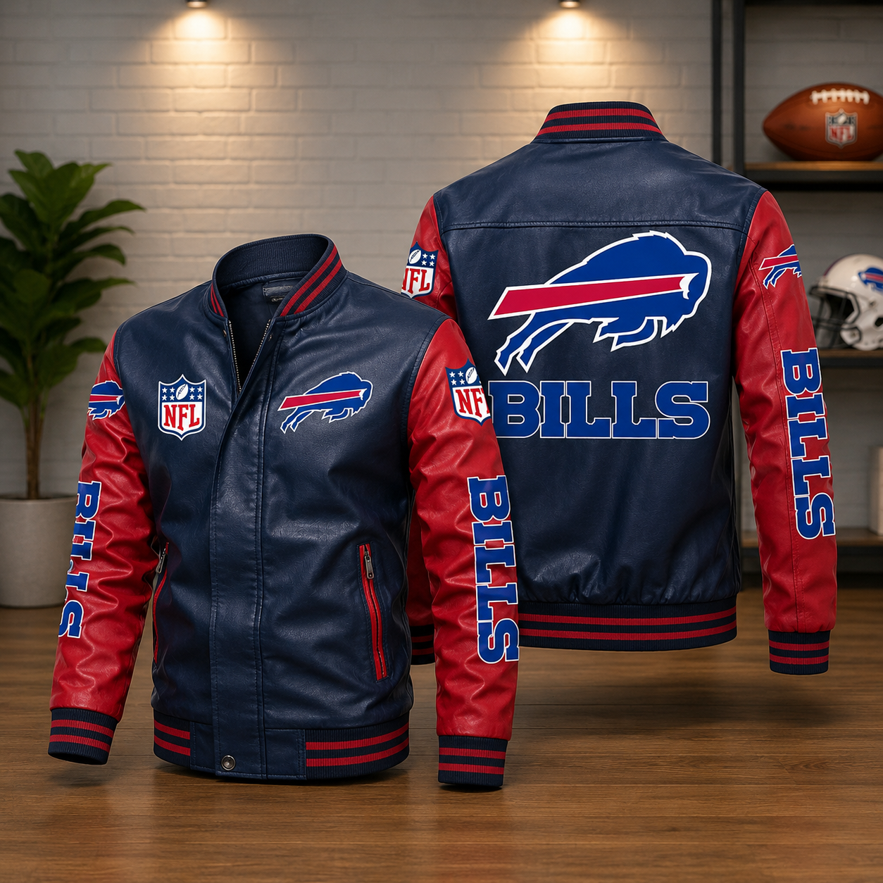 Buffalo Bills Leather Varsity Jacket – Navy & Red NFL Fan Bomber Jacket