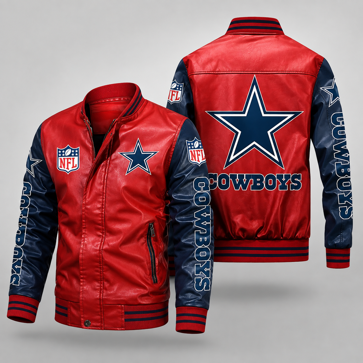 Dallas Cowboys Red & Navy Leather Varsity Jacket NFL Style
