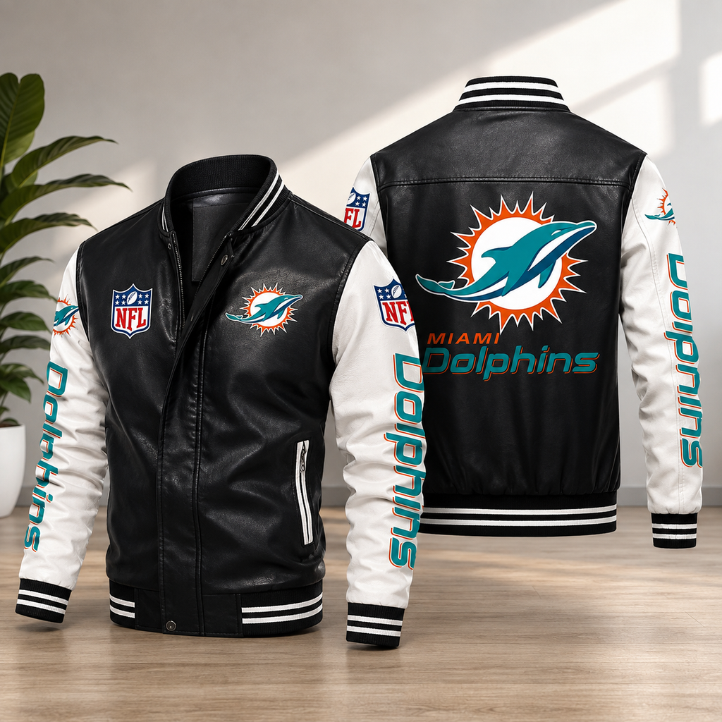 Miami Dolphins Black & White Leather Varsity Jacket Men’s NFL Team Bomber Jacket**