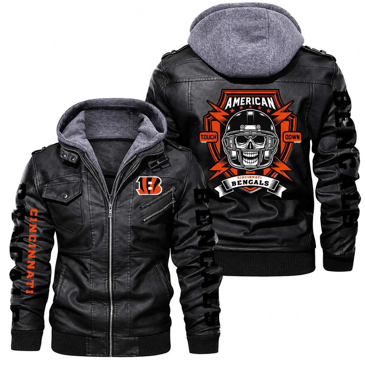 **Men’s Cincinnati Bengals Leather Jacket with Hood – Black Motorcycle Style Football Fan Jacket**