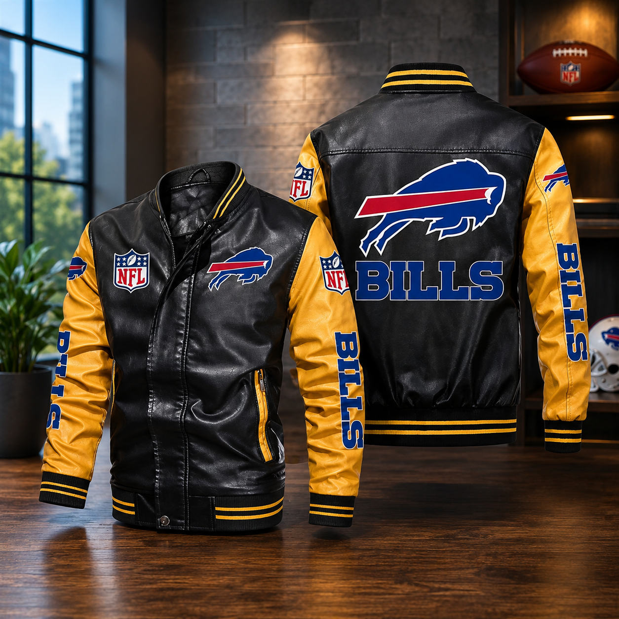 Buffalo Bills Leather Varsity Jacket – Black & Gold NFL Fan Bomber Jacket