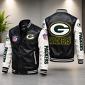 Green Bay Packers Black & White Leather Varsity Jacket – NFL Bomber Jacket for Men