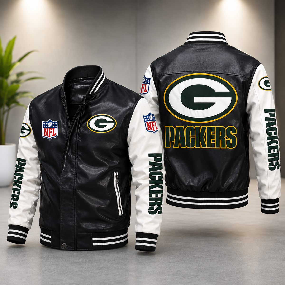 Green Bay Packers Black & White Leather Varsity Jacket – NFL Bomber Jacket for Men