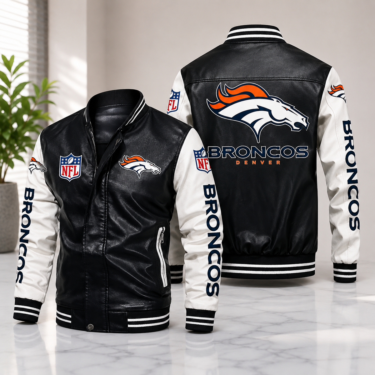 Denver Broncos Black & White Leather Varsity Jacket – NFL Bomber Jacket for Men
