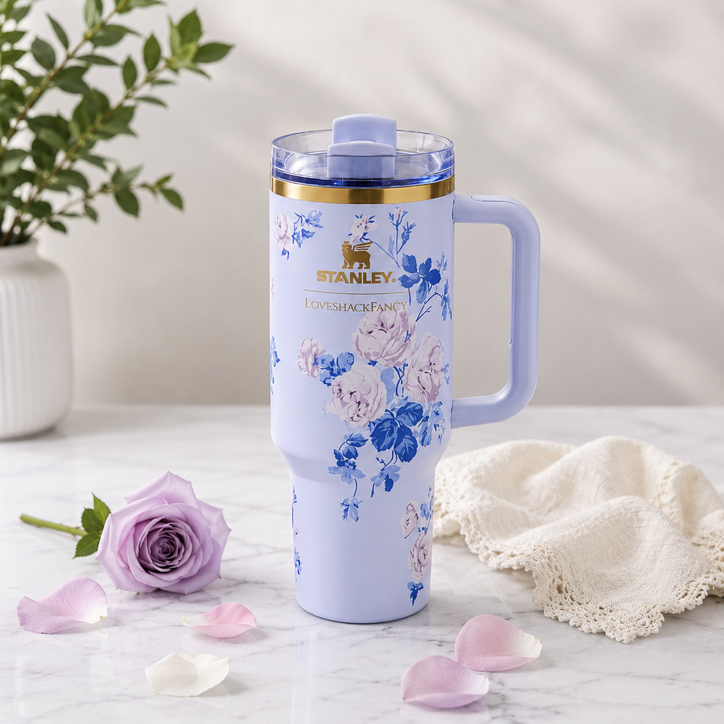 Stanley x LoveShackFancy 40oz Quencher H2.0 FlowState Tumbler – Lavender Floral Insulated Travel Mug with Handle & Straw