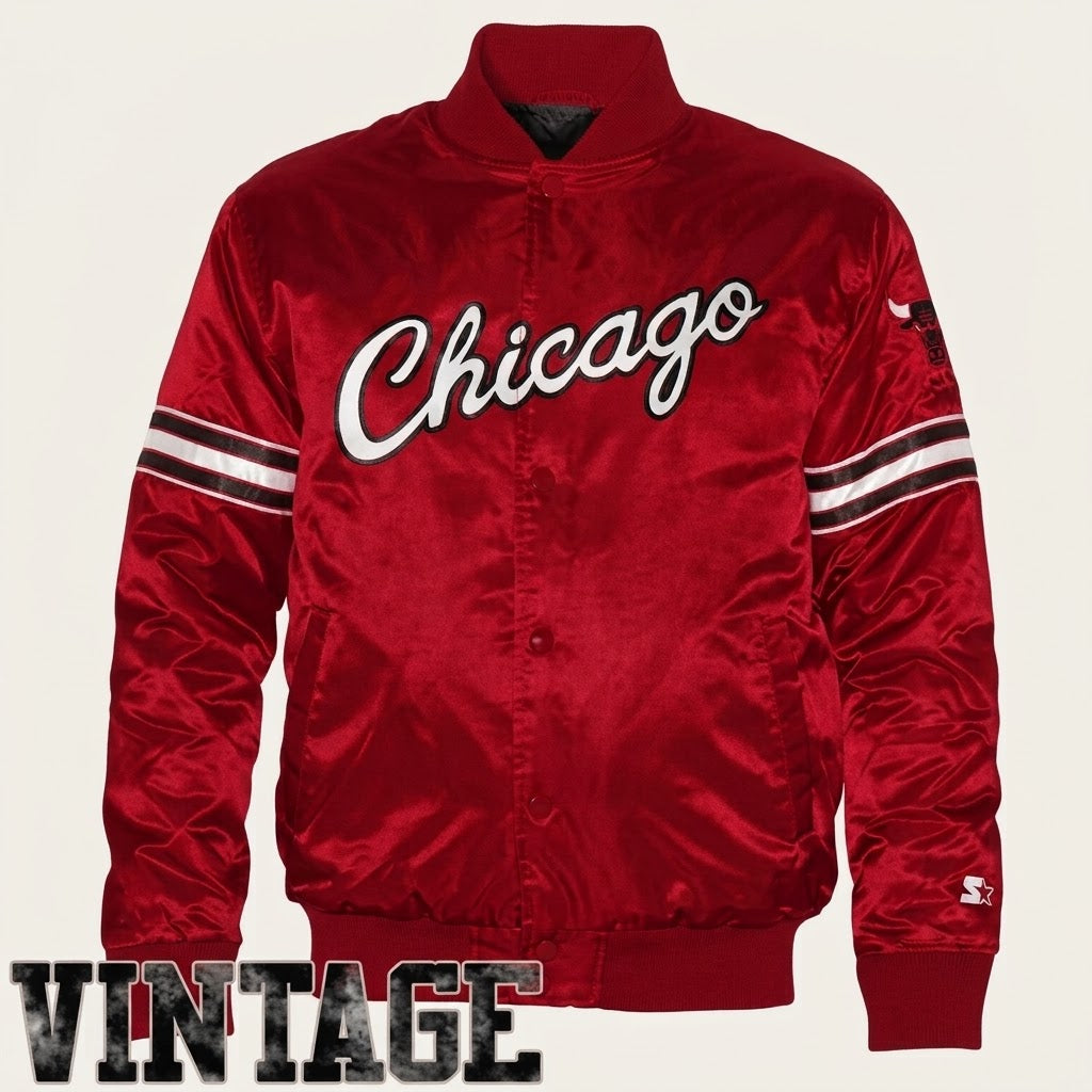 # Vintage Chicago Red Satin Bomber Jacket – Classic Letterman Style