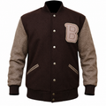 **Title:** Brown & Tan Varsity Letterman Jacket with Classic “B” Patch, Ribbed Trim & Snap Closure
