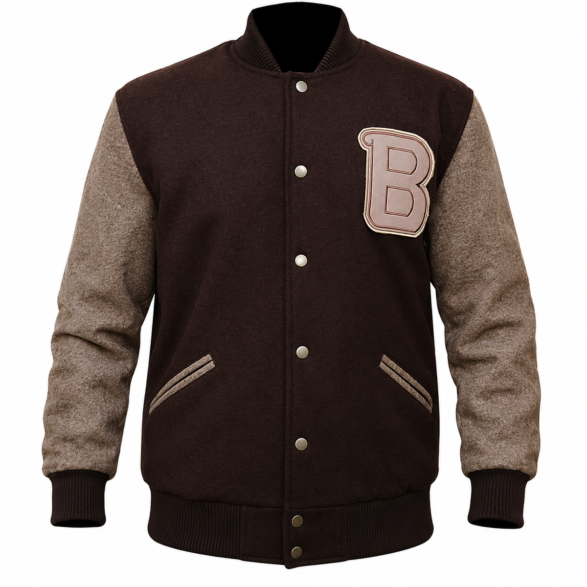 **Title:** Brown & Tan Varsity Letterman Jacket with Classic “B” Patch, Ribbed Trim & Snap Closure