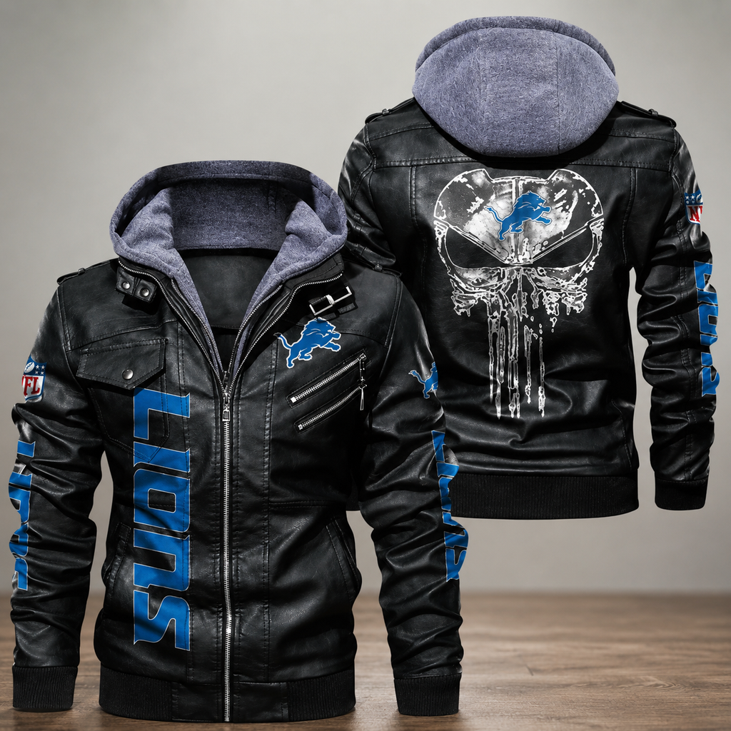 **Title:** Men's Black Leather Hooded Detroit Lions Motorcycle Jacket with Graphic Design