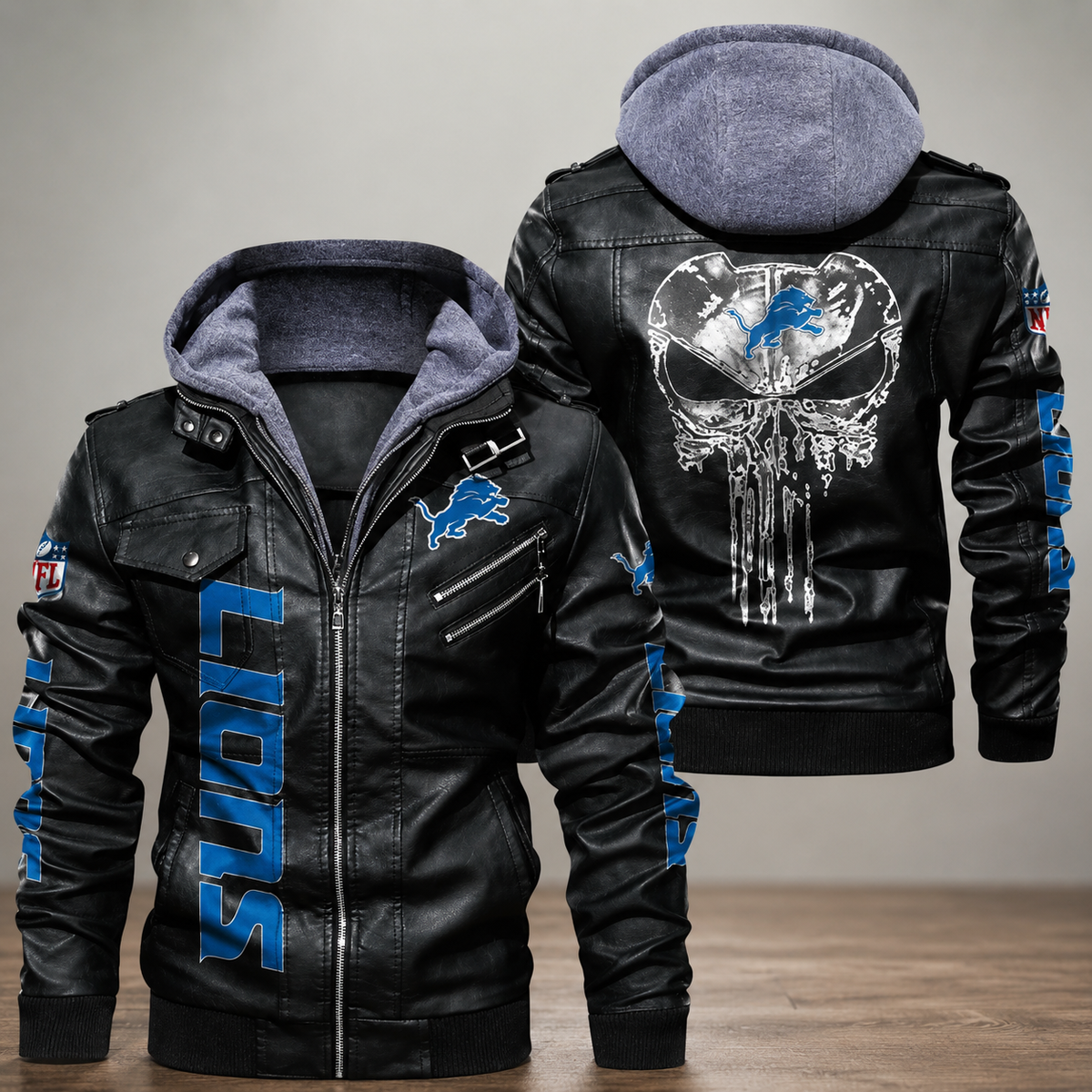 **Title:** Men's Black Leather Hooded Detroit Lions Motorcycle Jacket with Graphic Design