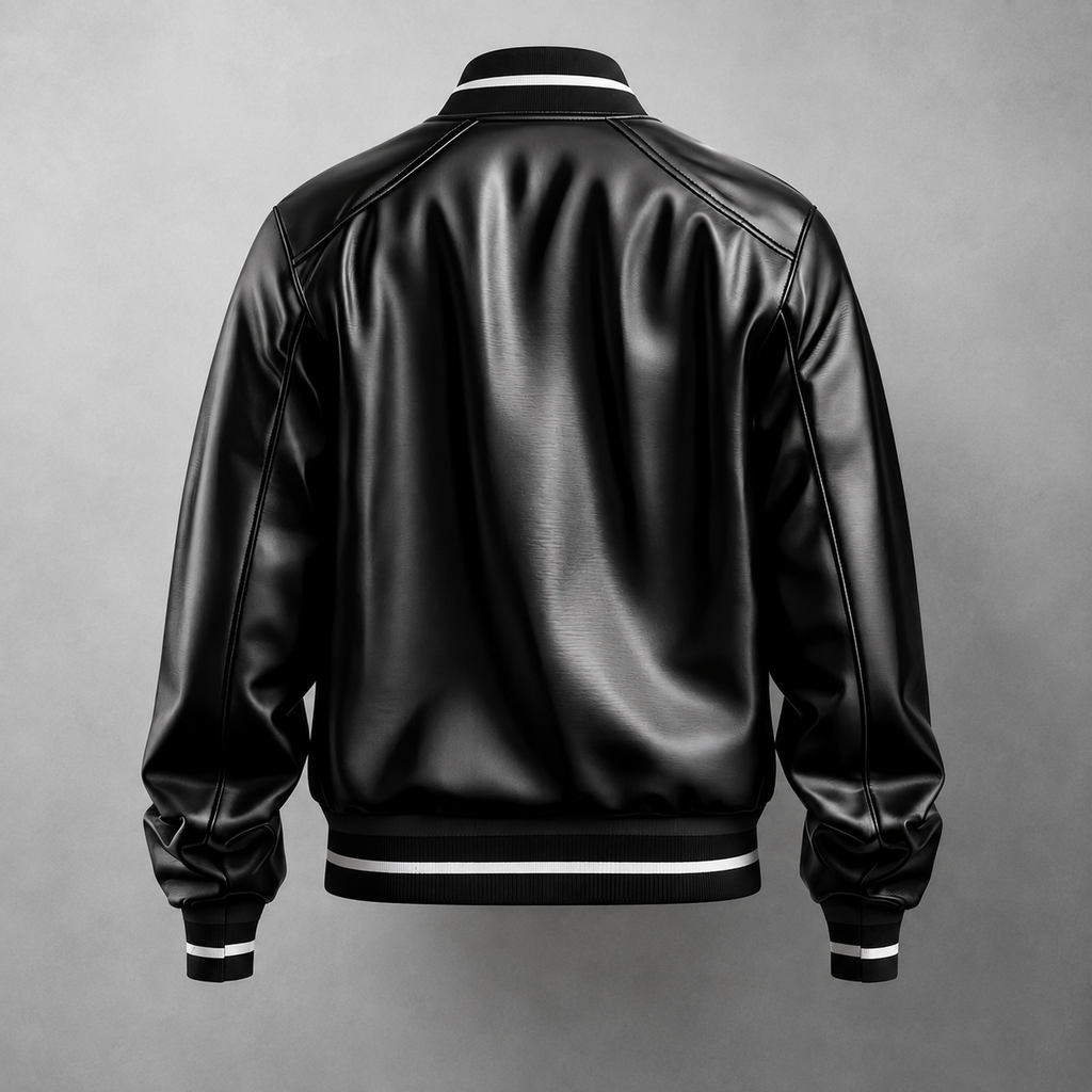 **Title:** Men’s Black Leather Varsity Bomber Jacket – Stylish Ribbed Collar & Cuffs Jacket