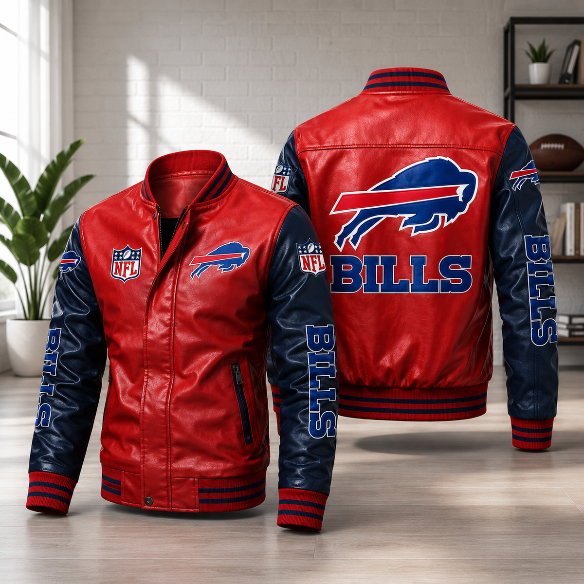 Buffalo Bills Leather Varsity Jacket – Red & Navy NFL Fan Bomber Jacket
