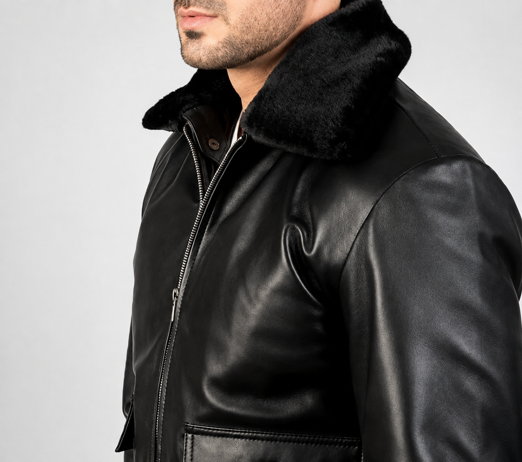 **Men’s Black Leather Jacket with Fur Collar – Stylish Winter Motorcycle Jacket**