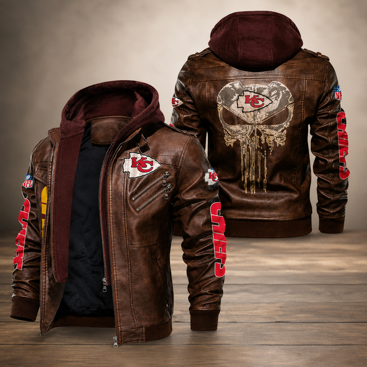 Kansas City Chiefs Brown Leather-Look Hooded Jacket – Distressed Motorcycle Style NFL Fan Jacket
