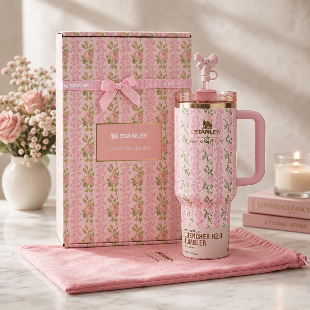 New Stanley x Love Shack Fancy Tumbler 20oz Rosa Beaux Pink Holiday Quencher