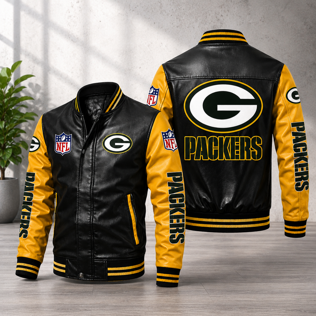 Green Bay Packers Black & Gold Leather Varsity Jacket NFL Team Bomber Jacket