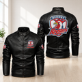 Men’s Black Leather Biker Jacket – Custom Sydney Roosters Motorcycle Jacket