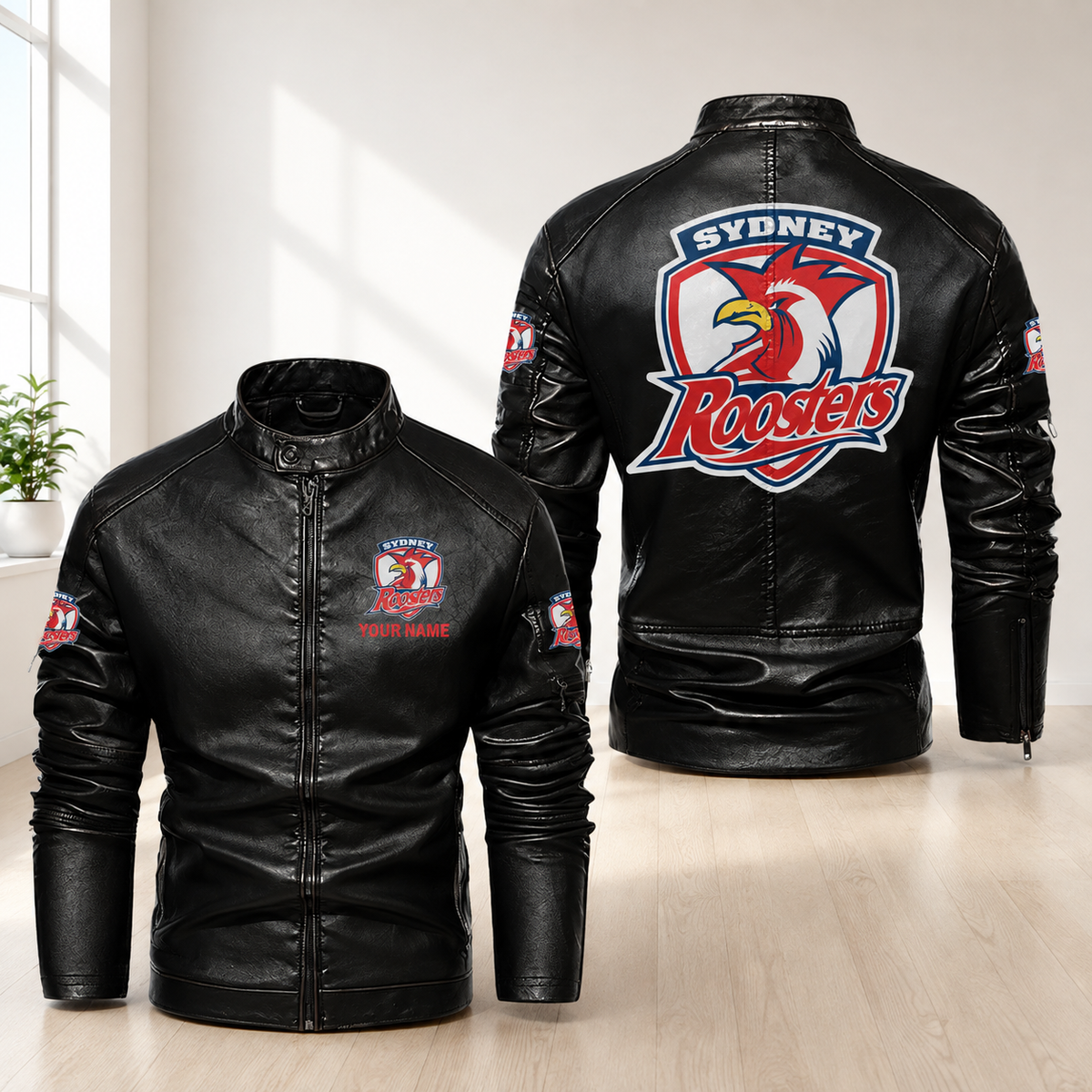 Men’s Black Leather Biker Jacket – Custom Sydney Roosters Motorcycle Jacket