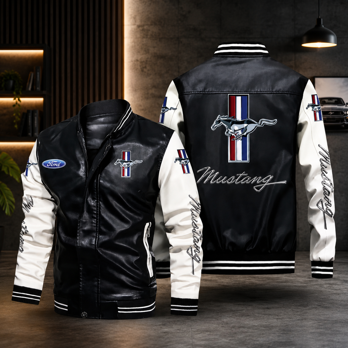 **Title:** Ford Mustang Racing Leather Varsity Jacket Black & White – Classic Car Jacket for Men