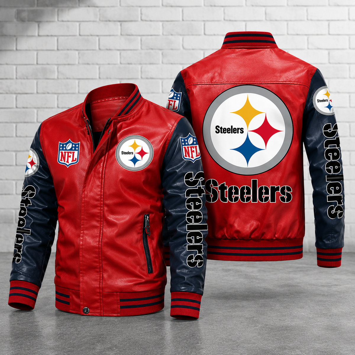 Pittsburgh Steelers Red & Navy Leather Varsity Jacket NFL Style