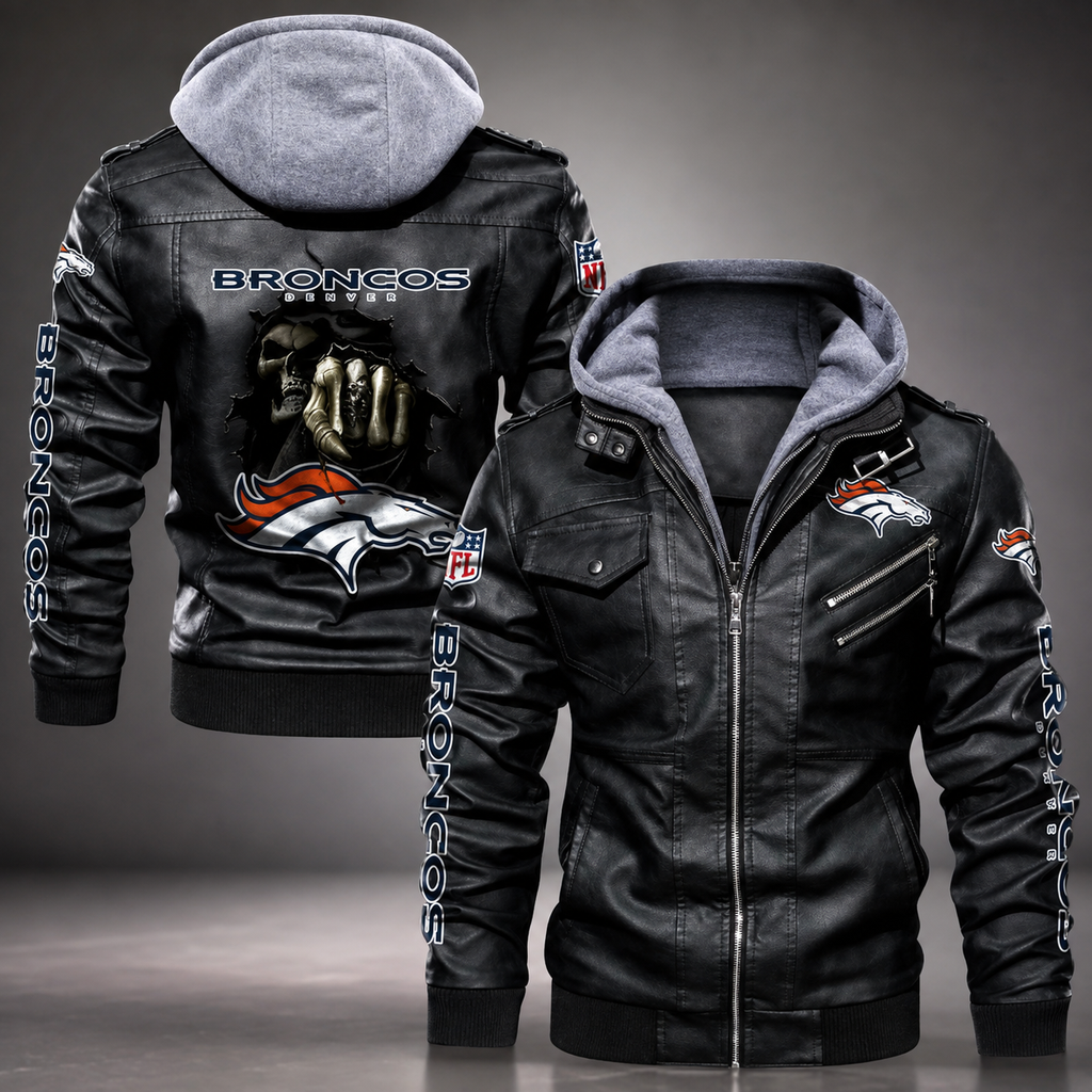 Denver Broncos Hooded Faux Leather Jacket Black Full Zip NFL Fan Motorcycle Biker Coat**