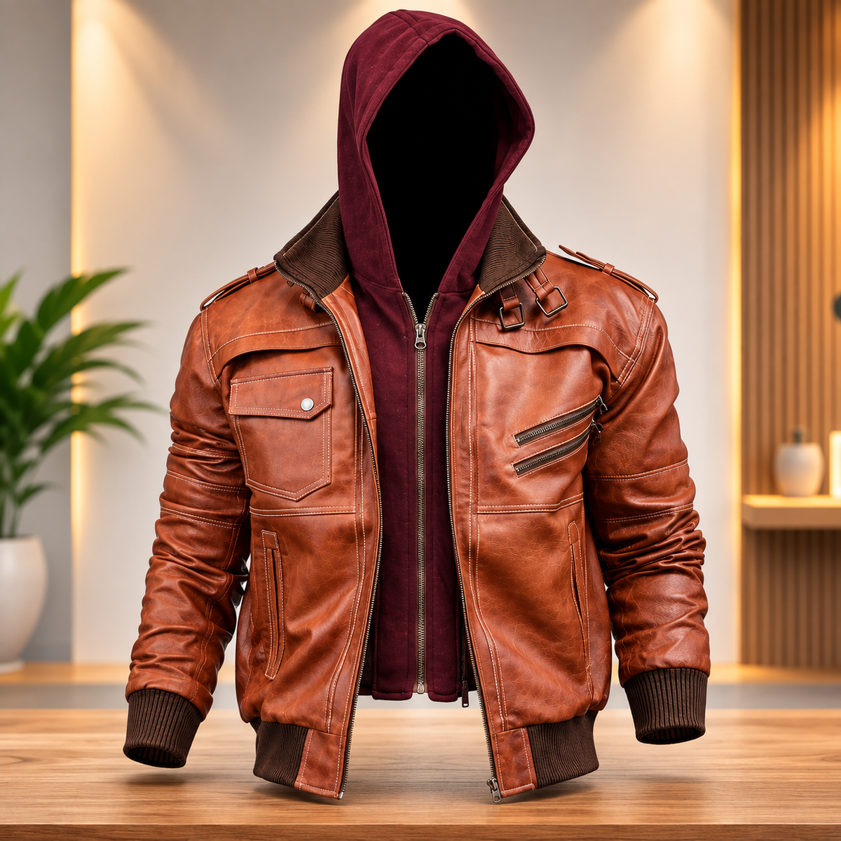 # Vintage Brown Leather Hooded Jacket  I can also create a few alternative title options for this jacket.
