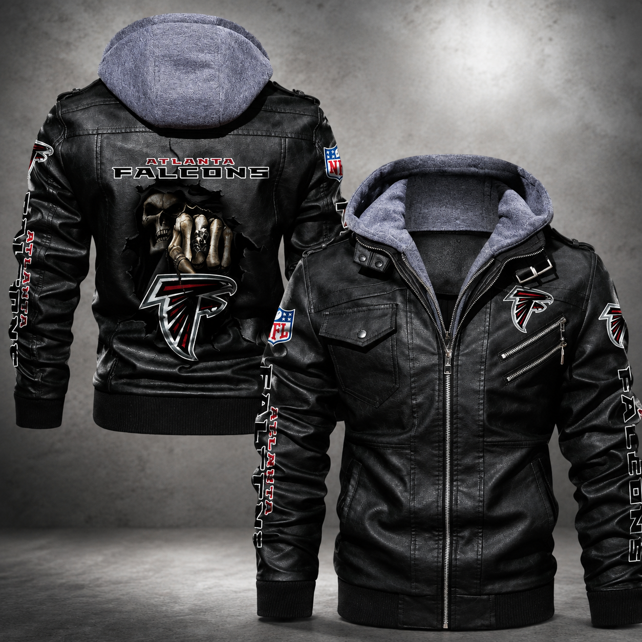Atlanta Falcons Leather Hooded Jacket – Black Motorcycle Style NFL Fan Jacket