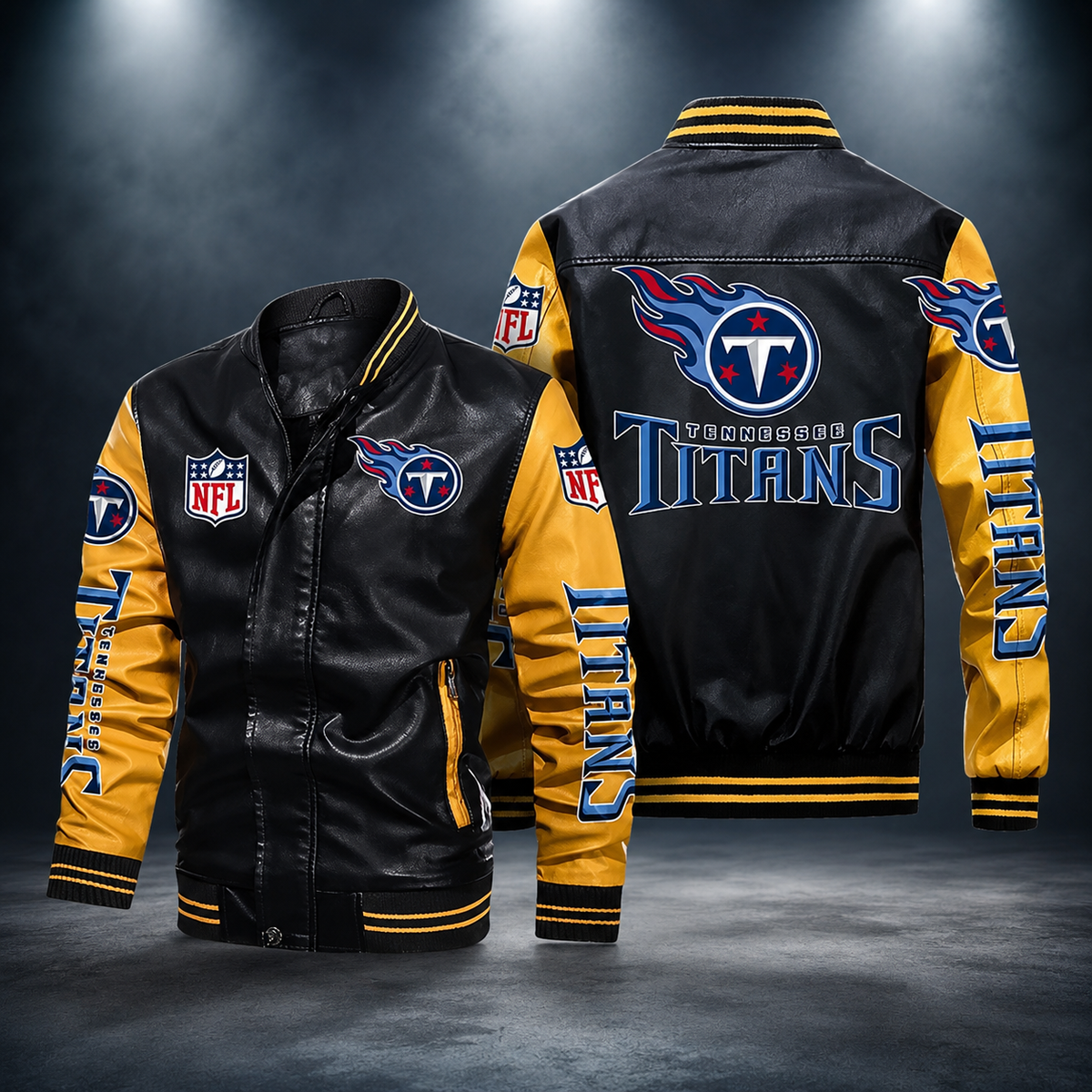 **Men’s Black & Gold Tennessee Titans Leather Varsity Jacket – NFL Style Bomber Jacket**