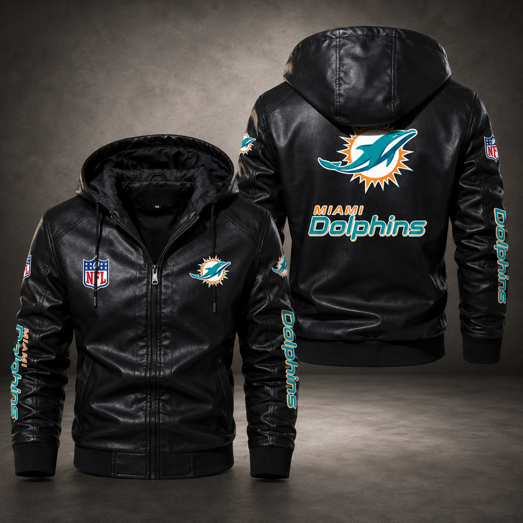 Miami Dolphins Black Leather Hooded Jacket Men’s NFL Team Bomber Jacket**
