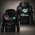 Miami Dolphins Black Leather Hooded Jacket Men’s NFL Team Bomber Jacket**