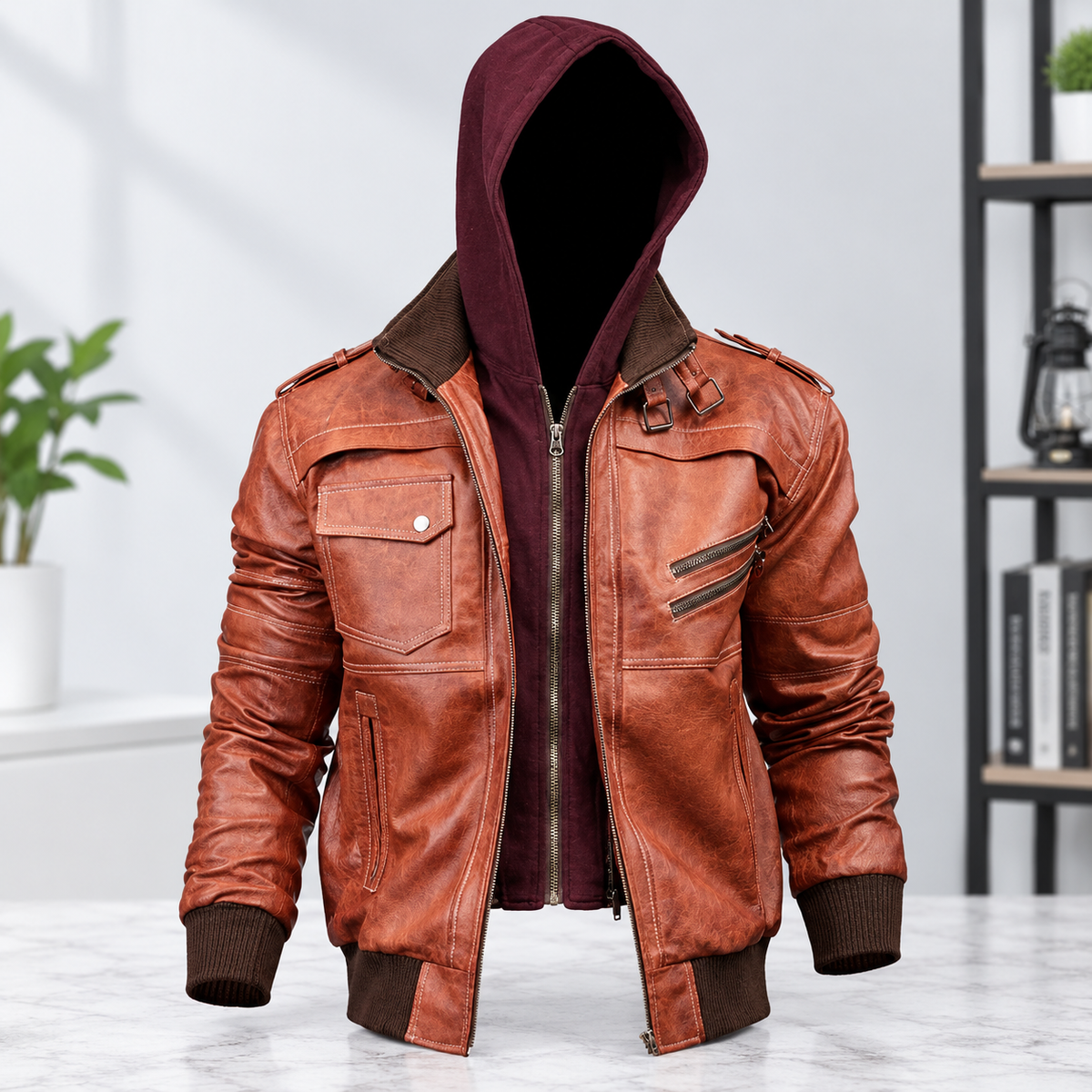 # Vintage Brown Leather Hooded Jacket  I can also create a few alternative title options for this jacket.