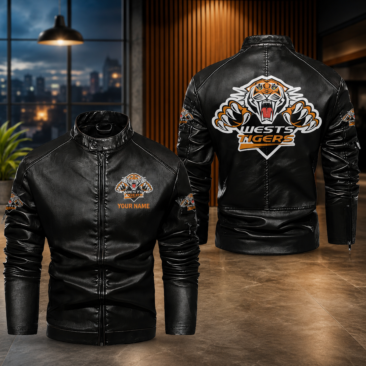 Men’s Black Leather Biker Jacket – Custom WESTS TIGERS Graphic Motorcycle Jacket