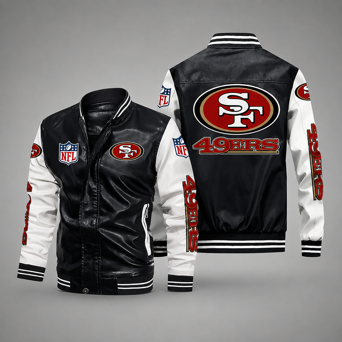 San Francisco 49ers Black & White Leather Varsity Jacket – Men’s NFL Football Bomber Jacket