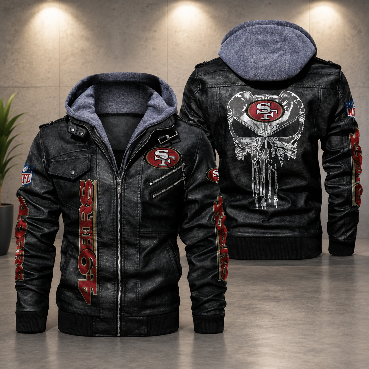 San Francisco 49ers Black Leather Hooded Jacket Men’s NFL Team Bomber Jacket**