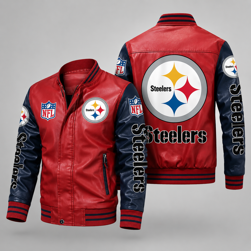 Pittsburgh Steelers Red & Navy Leather Varsity Jacket NFL Style