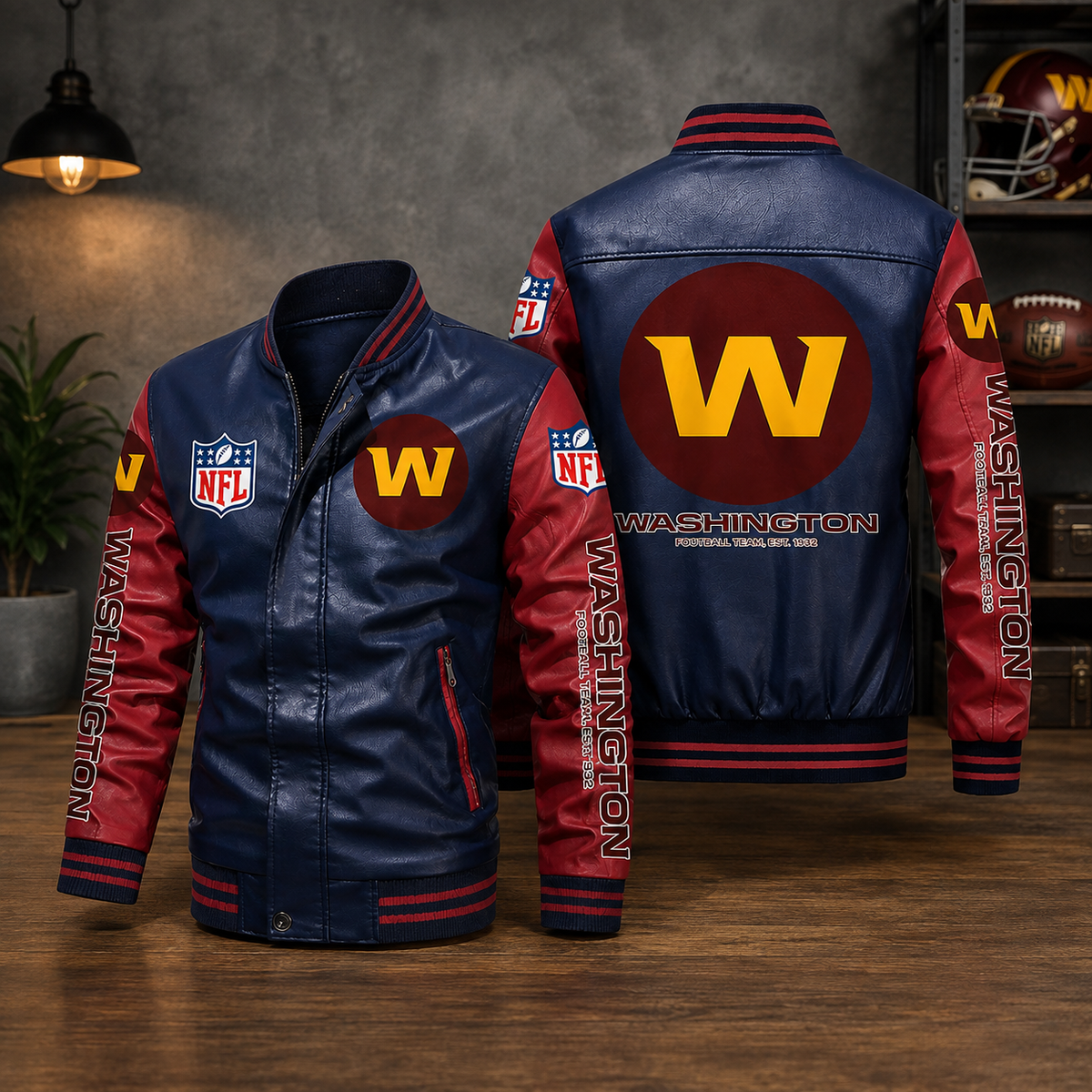 Washington Football Team Navy & Burgundy Leather Varsity Jacket – Men’s NFL Bomber Jacket