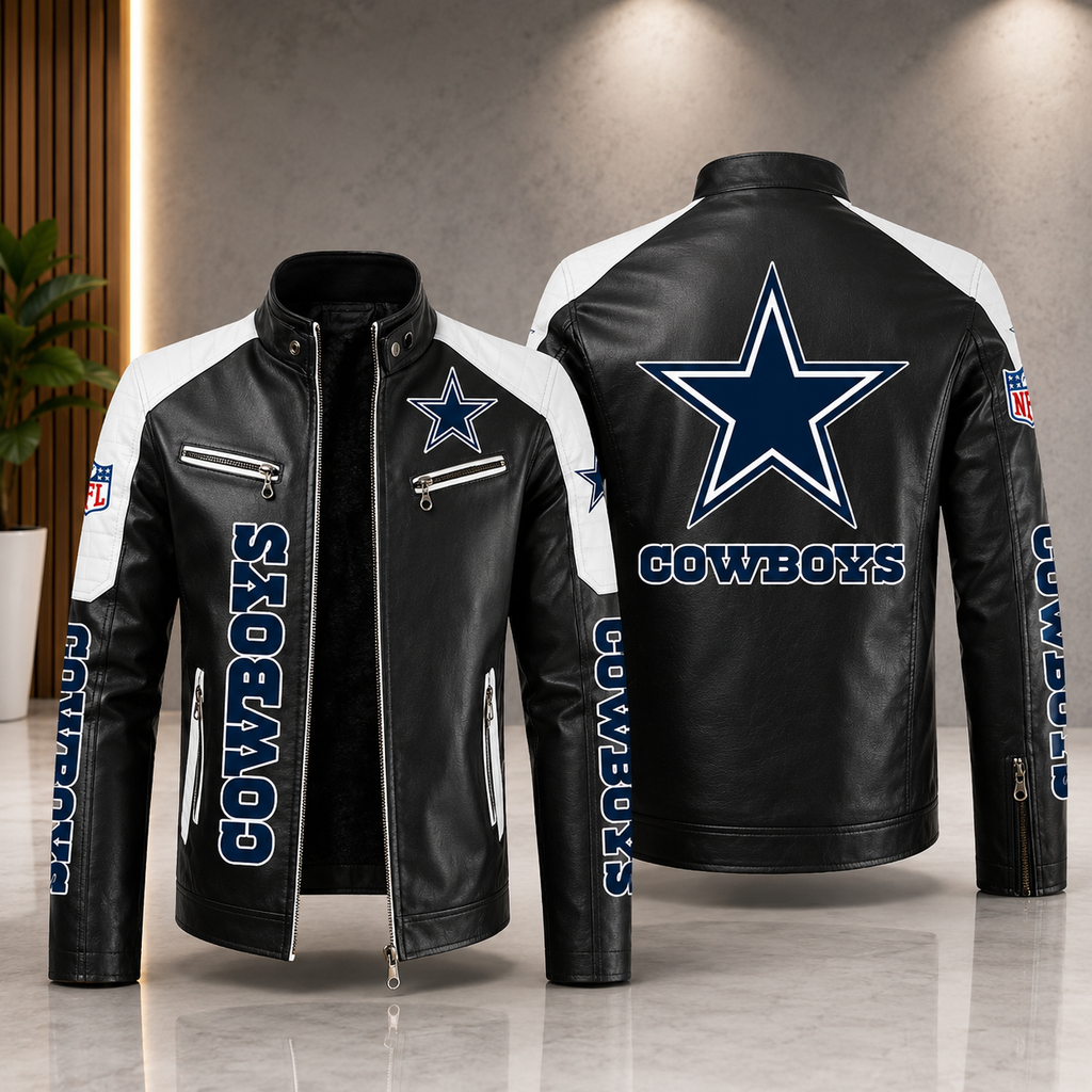 Dallas Cowboys Leather Motorcycle Jacket – Black & White NFL Fan Jacket