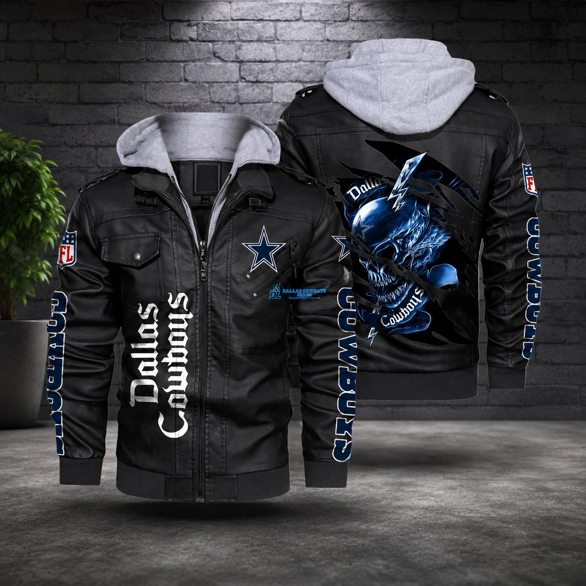Dallas Cowboys Black Leather Jacket with Gray Hoodie – Men’s Motorcycle Style Jacket