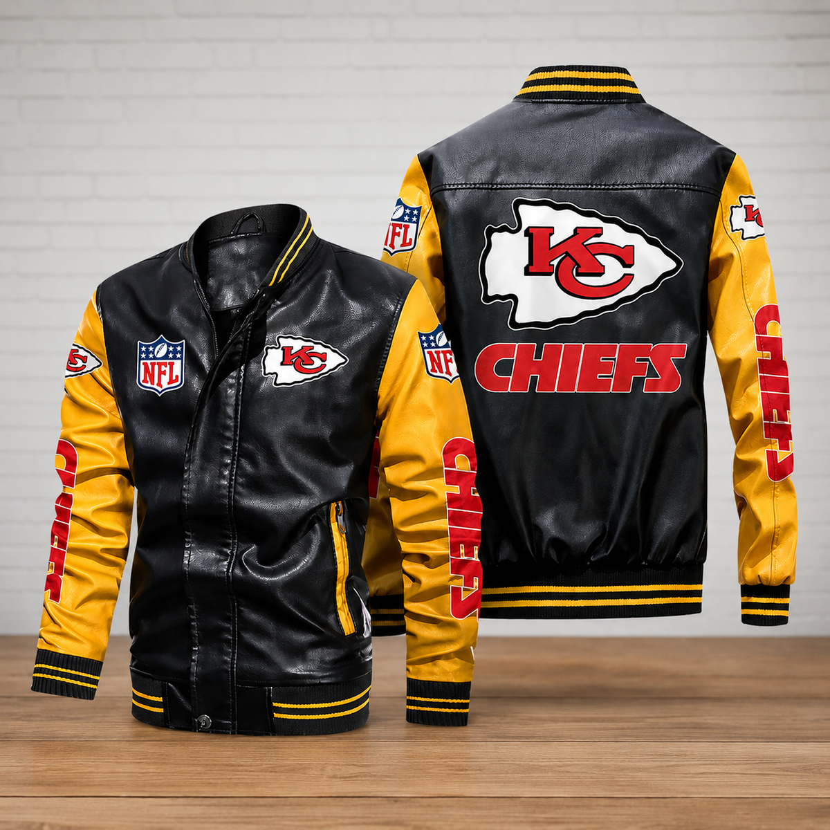 Kansas City Chiefs Black & Gold Leather Varsity Jacket NFL Style