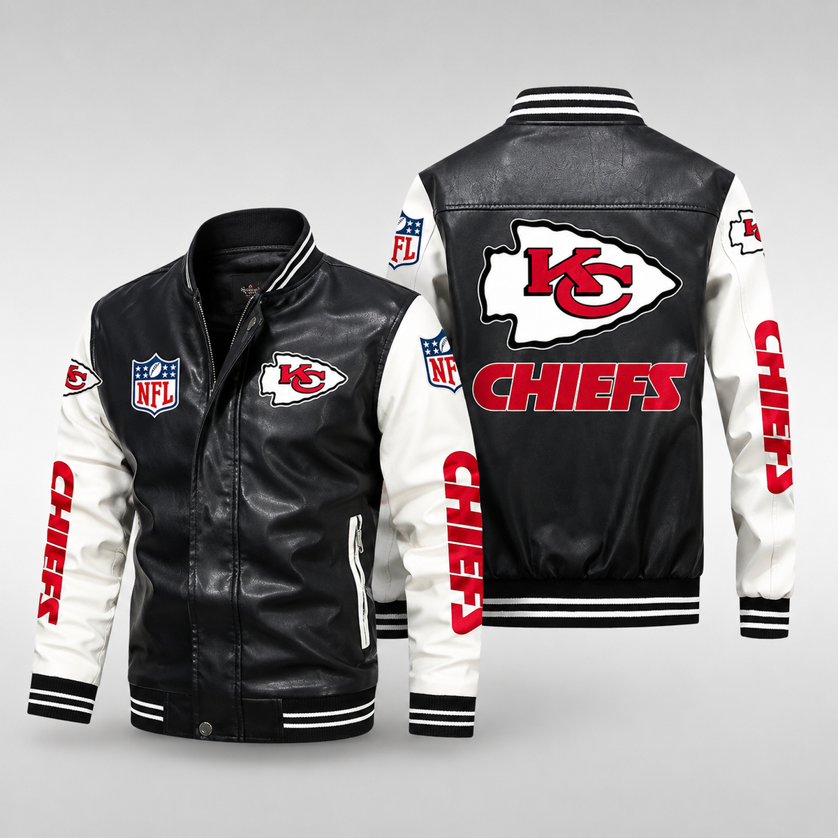 Kansas City Chiefs Black & White Leather Varsity Jacket – Men’s NFL Football Bomber Jacket