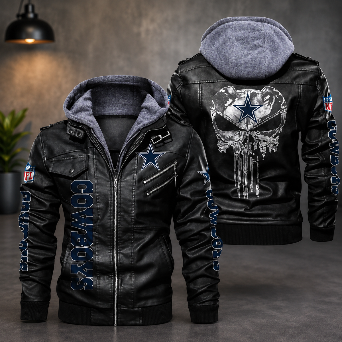 Dallas Cowboys Black Leather Hooded Jacket – Men’s NFL Motorcycle Style Bomber Jacket