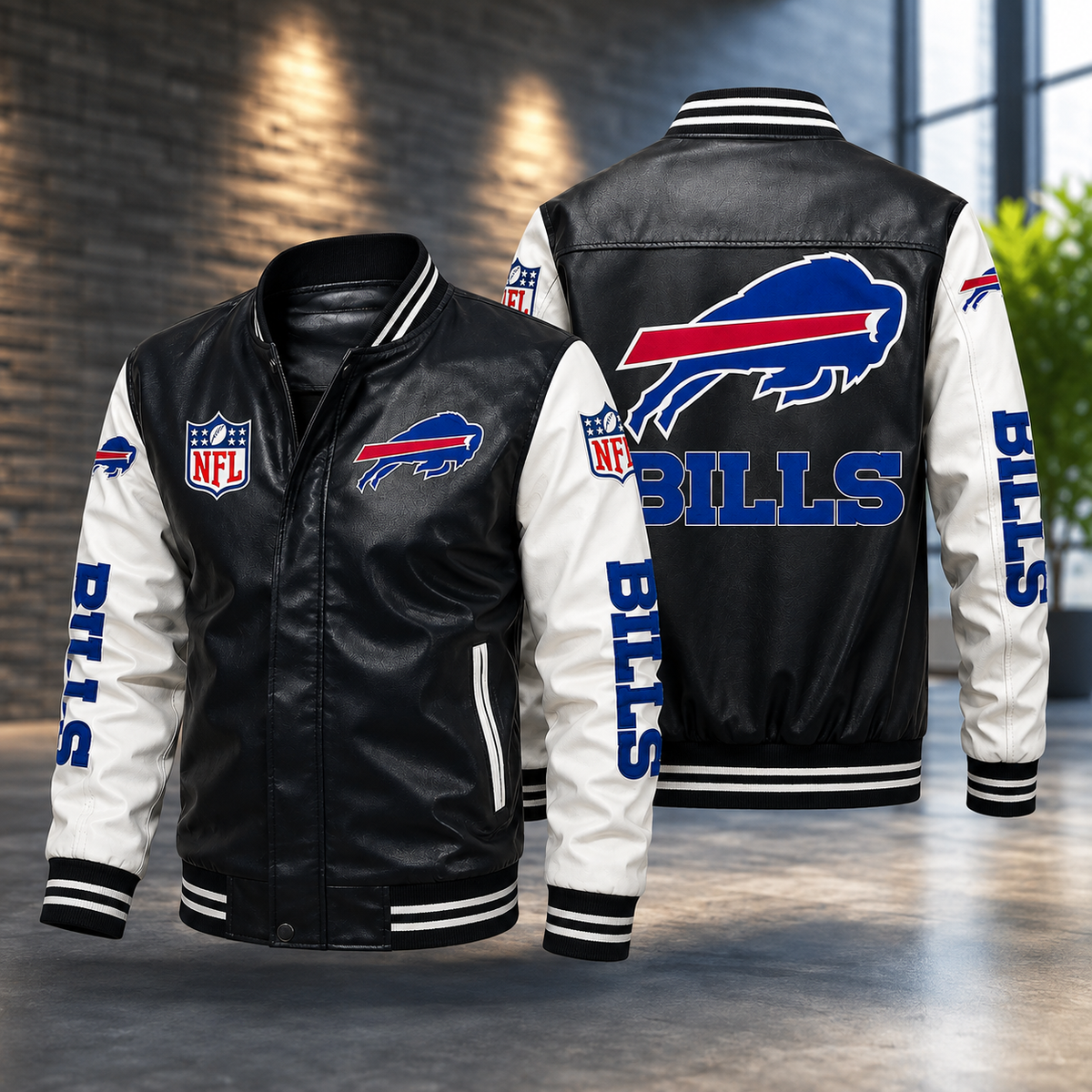 Buffalo Bills Black & White Leather Varsity Jacket – NFL Team Bomber Jacket