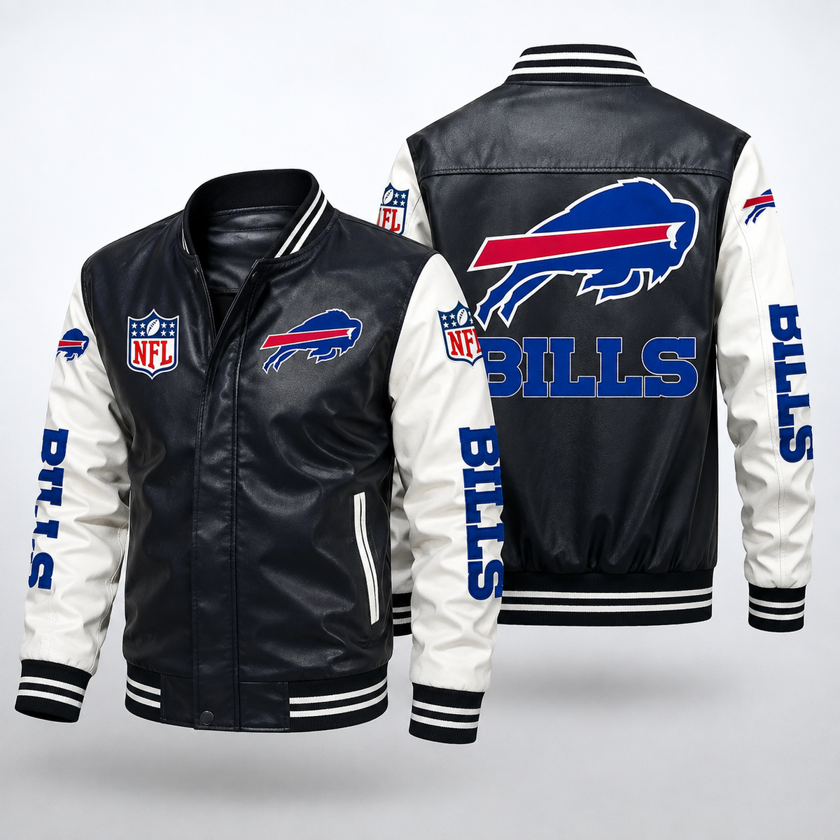 Buffalo Bills Black & White Leather Varsity Jacket – NFL Team Bomber Jacket