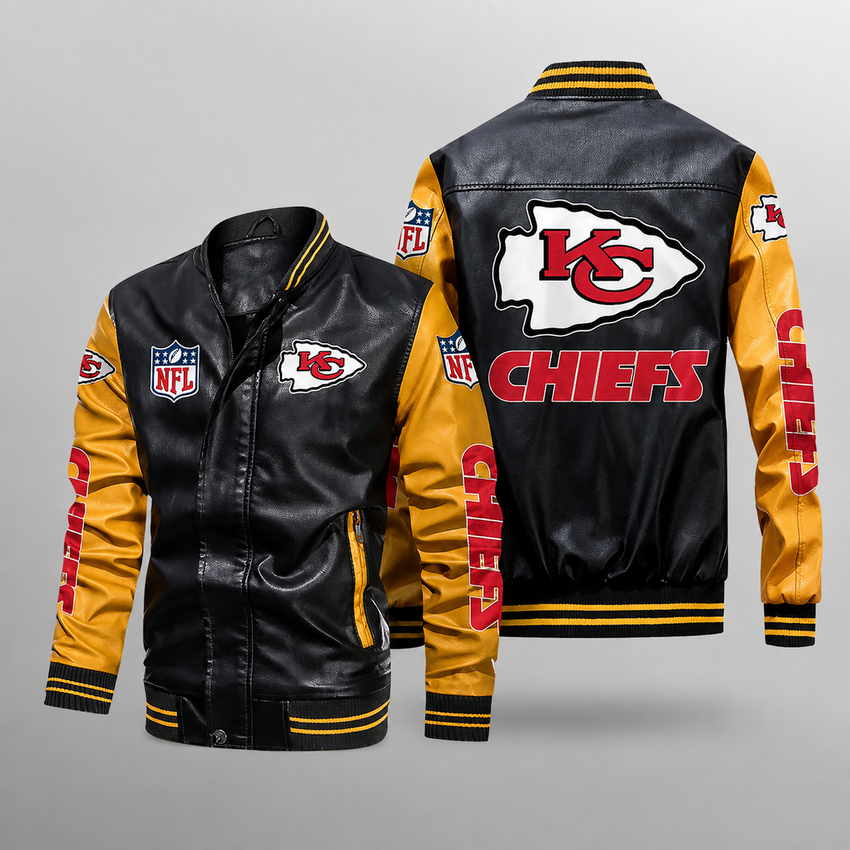 Kansas City Chiefs Black & Gold Leather Varsity Jacket NFL Style