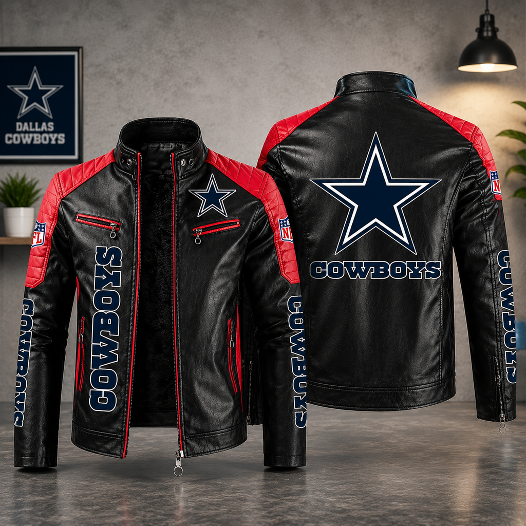 Dallas Cowboys Leather Motorcycle Jacket – Black & Red NFL Fan Jacket