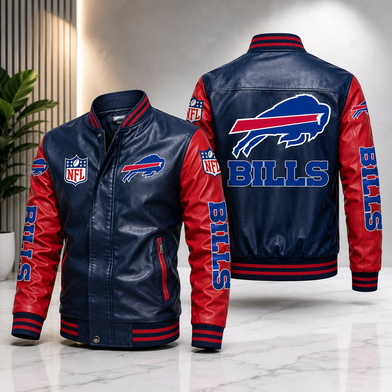 Buffalo Bills Leather Varsity Jacket – Navy & Red NFL Fan Bomber Jacket
